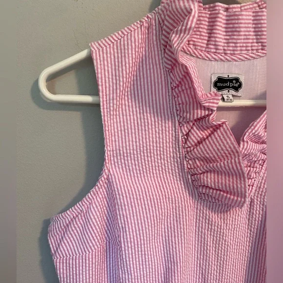 Mud Pie Pink and White Seersucker Sleeveless Ruffle Dress - Picture 4 of 7